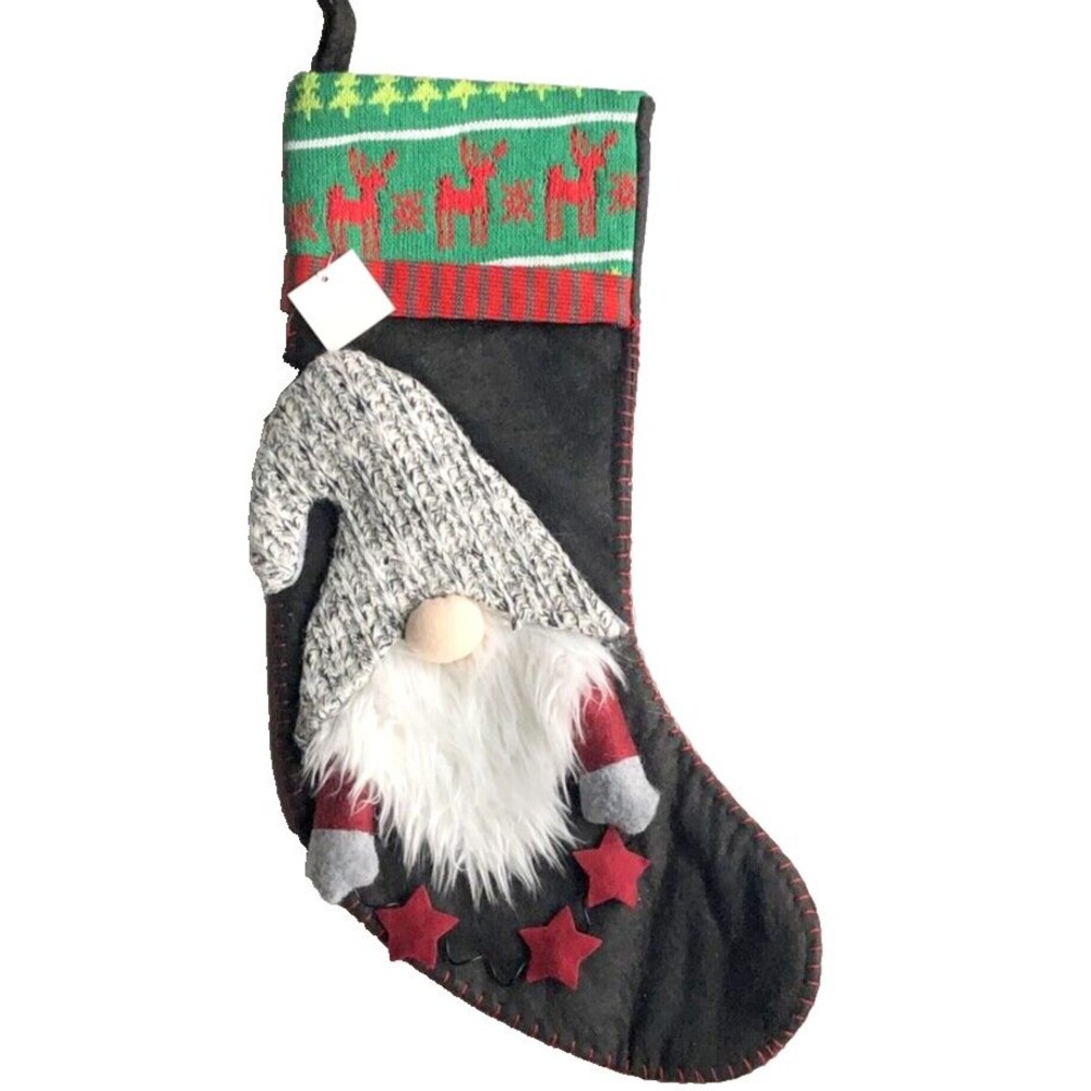 Gnome Christmas Stocking Fair Isle Border Felt Gnomes Sweater Hat 18" Long